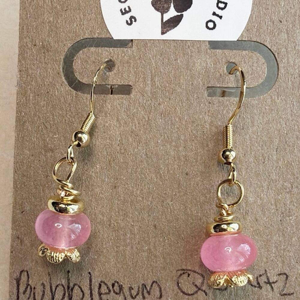 Gemstone Earrings, Bubblegum Quartz, Pink, Gold over Sterling Silver, Flower